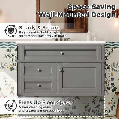36" Floating Bathroom Vanity with Sink, Wall Mounted Bathroom Vanity with 2 Drawers & Tip-Out Tray, Etched Stripe Design, Ceramic Sink with Overflow, Adjustable Height,Grey