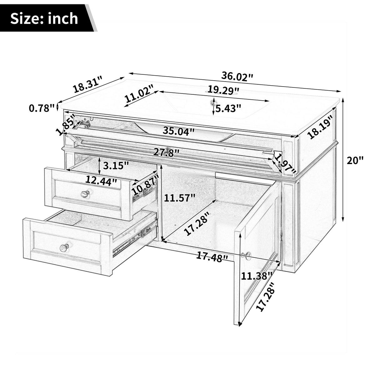 36" Floating Bathroom Vanity with Sink, Wall Mounted Bathroom Vanity with 2 Drawers & Tip-Out Tray, Etched Stripe Design, Ceramic Sink with Overflow, Adjustable Height,Grey
