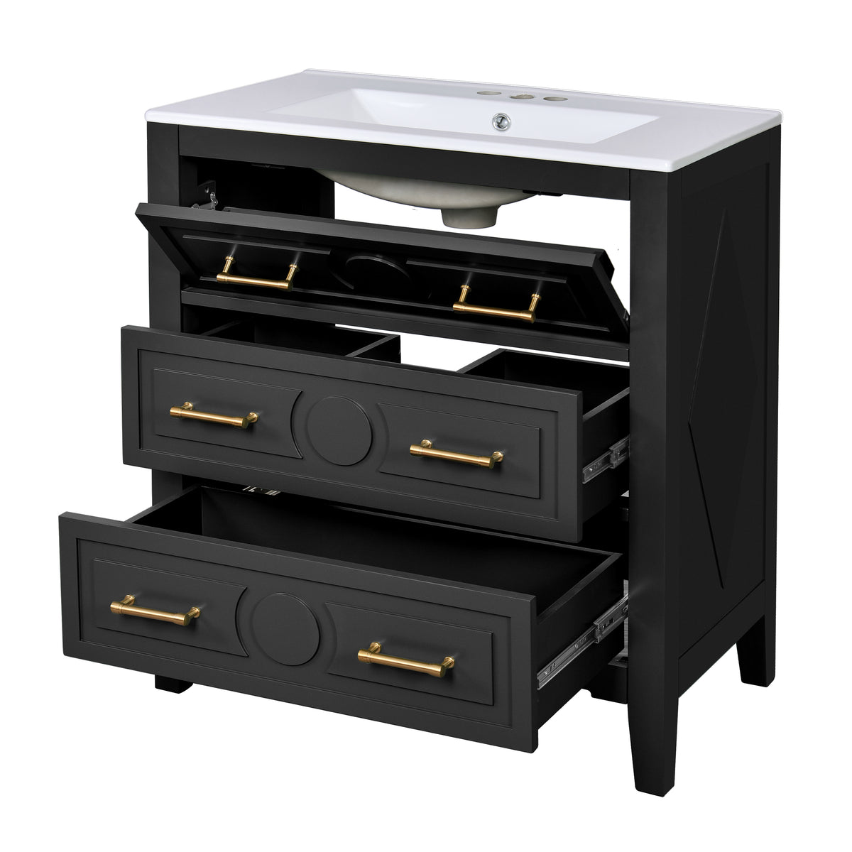 30" Bathroom Vanity with Sink, Black Bathroom Vanity with 3 Drawers & Carved Detail, Ceramic Sink for 4" Centerset Faucet with Overflow, Solid Pine Wood Frame,Black