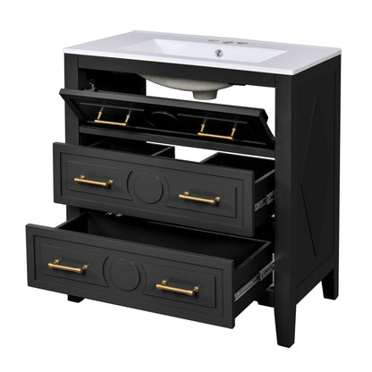 30" Bathroom Vanity with Sink, Black Bathroom Vanity with 3 Drawers & Carved Detail, Ceramic Sink for 4" Centerset Faucet with Overflow, Solid Pine Wood Frame,Black