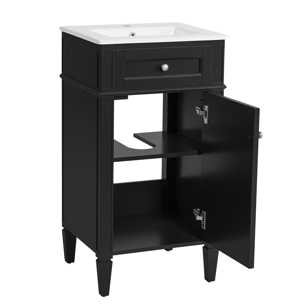 18" Bathroom Vanity with Sink, French Style Small Bathroom Vanity, Freestanding Wood Vanity Cabinet with Ceramic Sink Basin, Soft Close Door & U-Shaped Shelf,Black