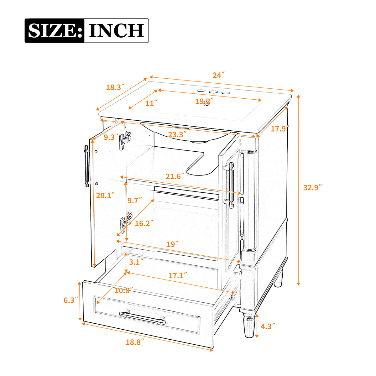 24" Bathroom Vanity with Sink, French Style Bathroom Vanity with Carved Legs & Drawer, Adjustable Shelf, Back Cutout for Plumbing, Soft Close Door,White