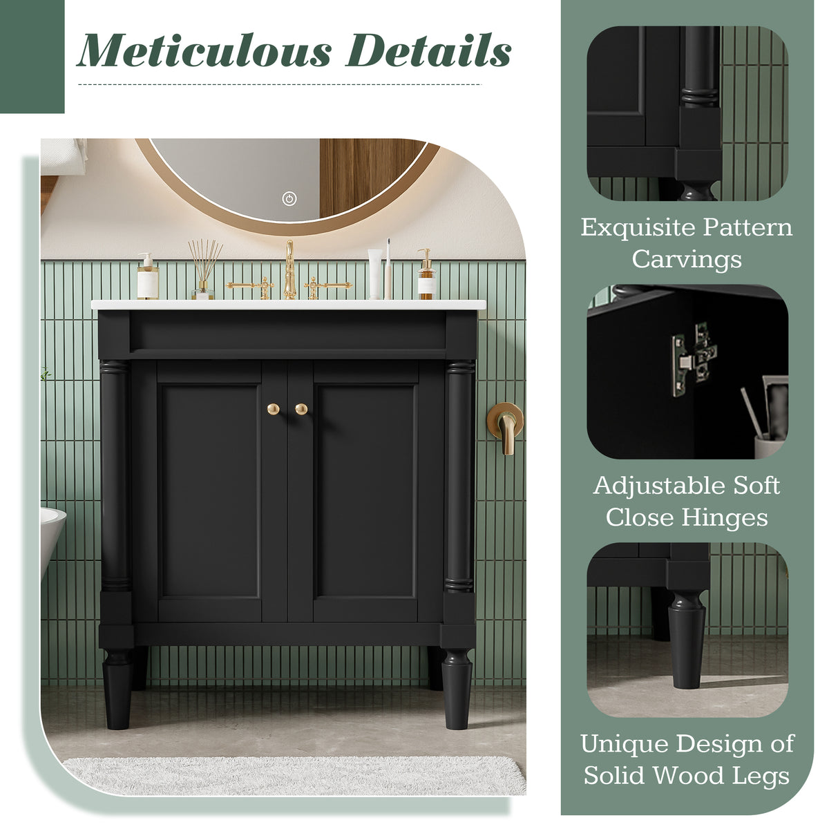 30" Bathroom Vanity with Sink, French Style Small Bathroom Vanity with Semi-Circular Column Design, Ceramic Sink with Overflow, Soft Close Door,Black