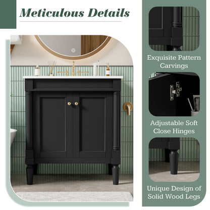 30" Bathroom Vanity with Sink, French Style Small Bathroom Vanity with Semi-Circular Column Design, Ceramic Sink with Overflow, Soft Close Door,Black