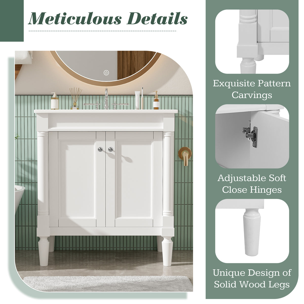 30" Bathroom Vanity with Sink, French Style Small Bathroom Vanity with Semi-Circular Column Design, Ceramic Sink with Overflow, Soft Close Door,White