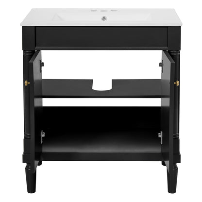 30" Bathroom Vanity with Sink, French Style Small Bathroom Vanity with Semi-Circular Column Design, Ceramic Sink with Overflow, Soft Close Door,Black