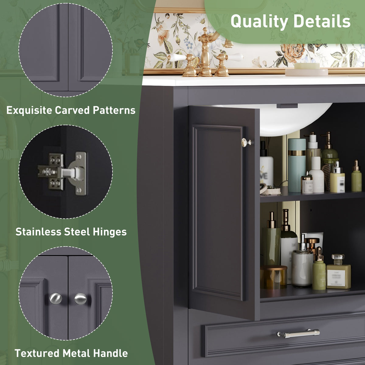 30" Bathroom Vanity with Sink, Traditional Bathroom Vanity with Carved Detail & Solid Wood Frame, Double Doors & Drawer, Ceramic Sink with Overflow,Blue
