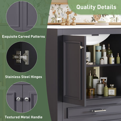 30" Bathroom Vanity with Sink, Traditional Bathroom Vanity with Carved Detail & Solid Wood Frame, Double Doors & Drawer, Ceramic Sink with Overflow,Blue