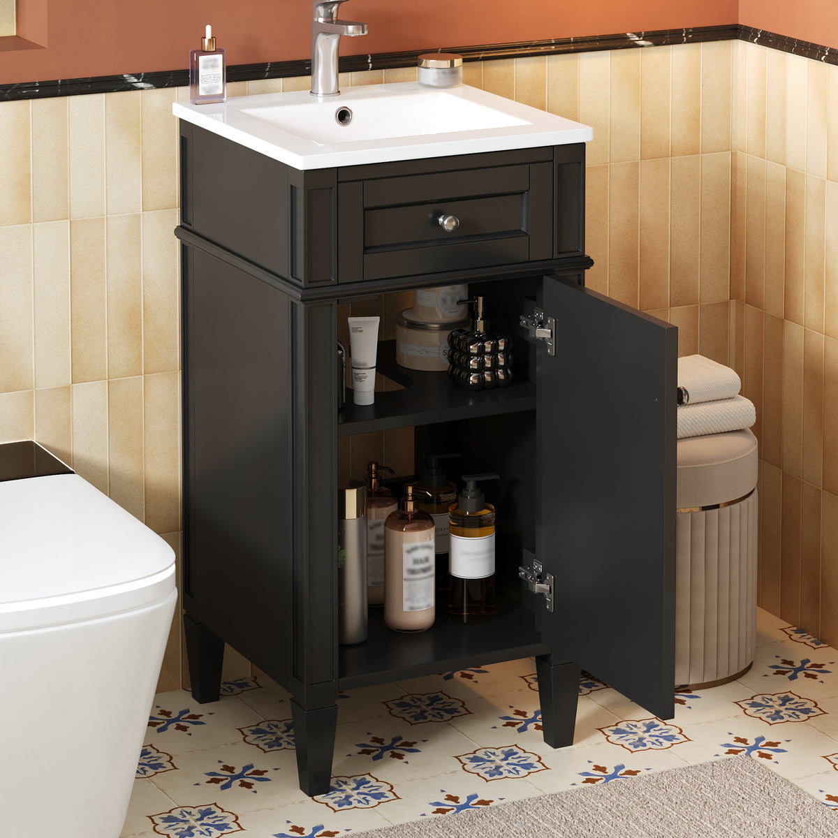 16" Bathroom Vanity with Sink, French Style Small Bathroom Vanity, Freestanding Wood Vanity Cabinet with Ceramic Sink Basin, Soft Close Door & U-Shaped Shelf,Black