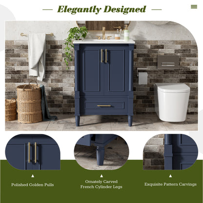 24" Bathroom Vanity with Sink, French Style Bathroom Vanity with Carved Legs & Drawer, Adjustable Shelf, Back Cutout for Plumbing, Soft Close Door,Blue