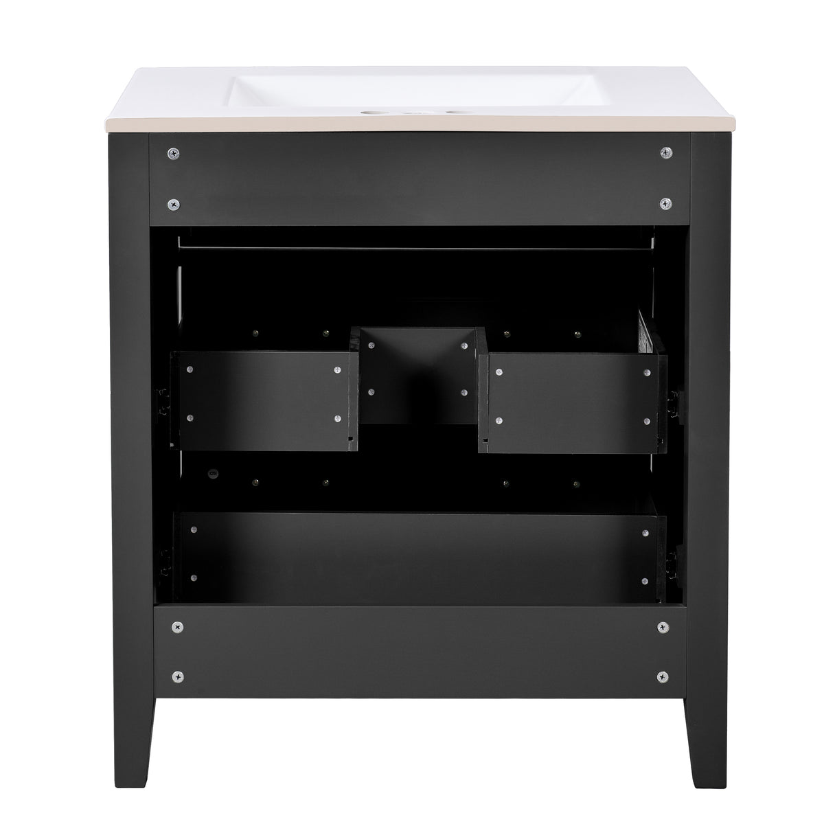 30" Bathroom Vanity with Sink, Black Bathroom Vanity with 3 Drawers & Carved Detail, Ceramic Sink for 4" Centerset Faucet with Overflow, Solid Pine Wood Frame,Black