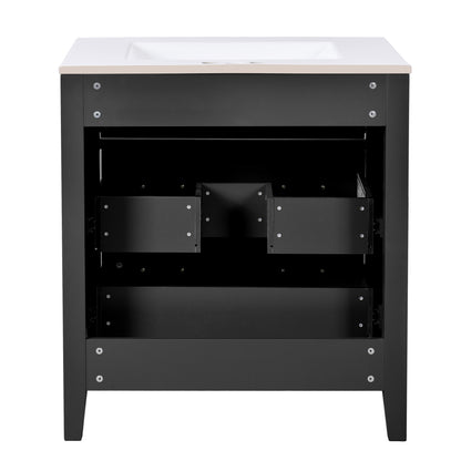 30" Bathroom Vanity with Sink, Black Bathroom Vanity with 3 Drawers & Carved Detail, Ceramic Sink for 4" Centerset Faucet with Overflow, Solid Pine Wood Frame,Black