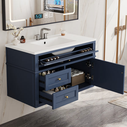 36" Floating Bathroom Vanity with Sink, Wall Mounted Bathroom Vanity with 2 Drawers & Tip-Out Tray, Etched Stripe Design, Ceramic Sink with Overflow, Adjustable Height,Blue