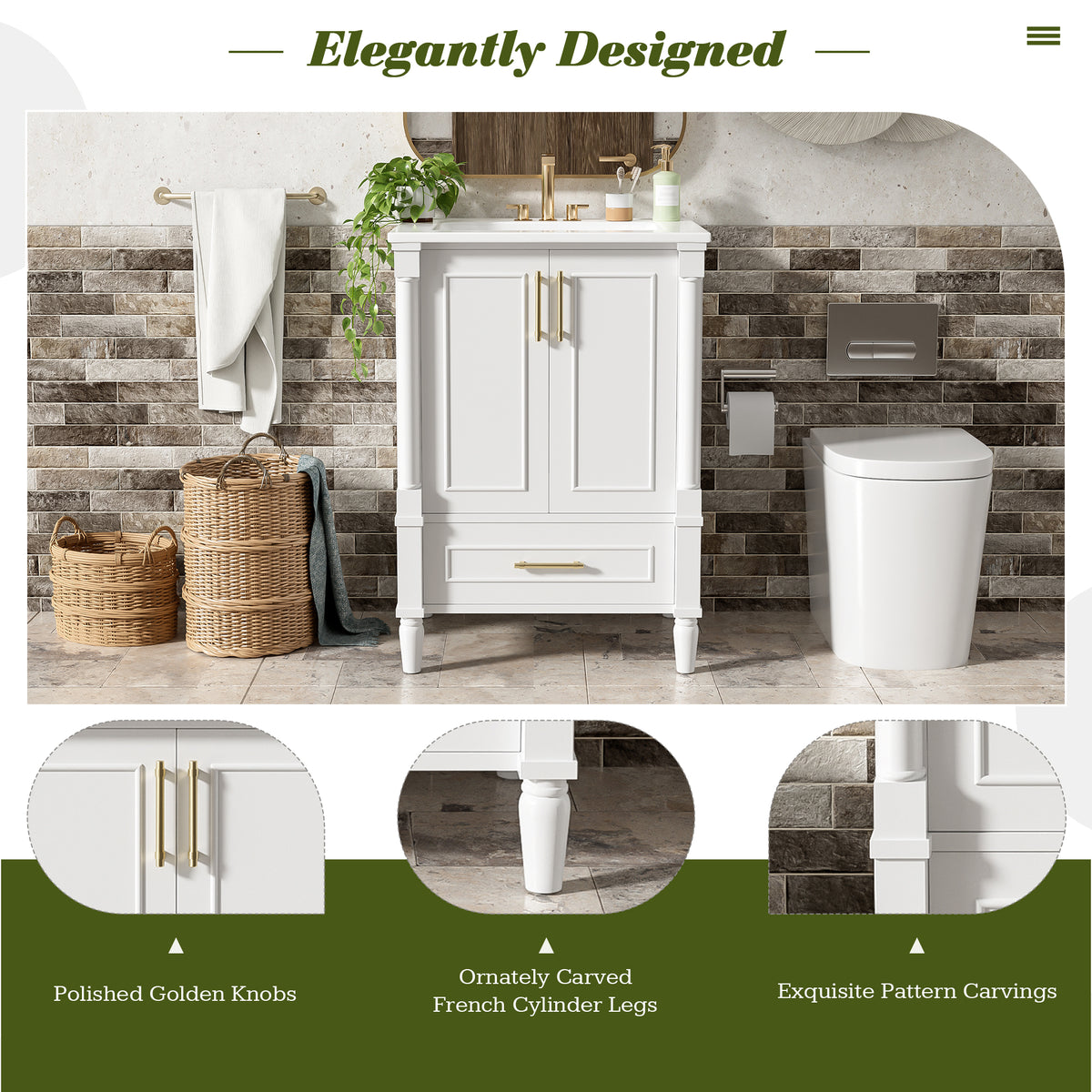24" Bathroom Vanity with Sink, French Style Bathroom Vanity with Carved Legs & Drawer, Adjustable Shelf, Back Cutout for Plumbing, Soft Close Door,White