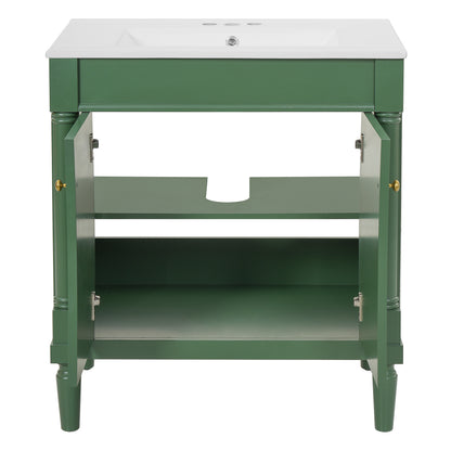30" Bathroom Vanity with Sink, French Style Small Bathroom Vanity with Semi-Circular Column Design, Ceramic Sink with Overflow, Soft Close Door,Green
