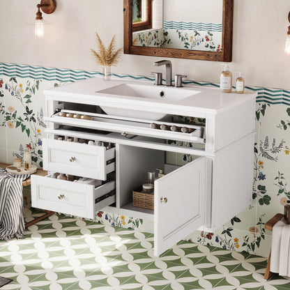 36" Floating Bathroom Vanity with Sink, Wall Mounted Bathroom Vanity with 2 Drawers & Tip-Out Tray, Etched Stripe Design, Ceramic Sink with Overflow, Adjustable Height,White