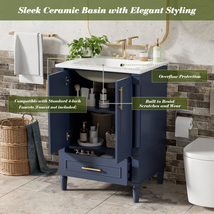 24" Bathroom Vanity with Sink, French Style Bathroom Vanity with Carved Legs & Drawer, Adjustable Shelf, Back Cutout for Plumbing, Soft Close Door,Blue