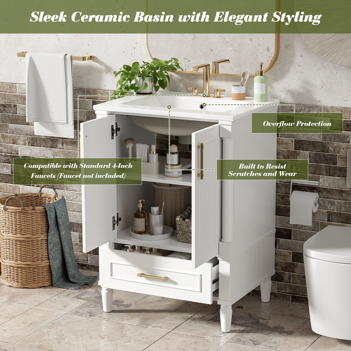 24" Bathroom Vanity with Sink, French Style Bathroom Vanity with Carved Legs & Drawer, Adjustable Shelf, Back Cutout for Plumbing, Soft Close Door,White