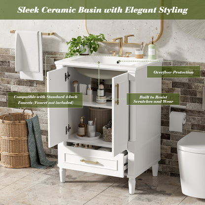 24" Bathroom Vanity with Sink, French Style Bathroom Vanity with Carved Legs & Drawer, Adjustable Shelf, Back Cutout for Plumbing, Soft Close Door,White