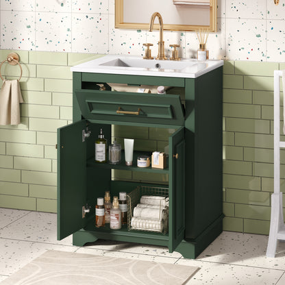 24" Bathroom Vanity with Sink, Small Bathroom Vanity with Tip-Out Drawer & Adjustable Storage, 3-Hole 4" Centerset Ceramic Sink with Overflow, Soft Close Door,Green