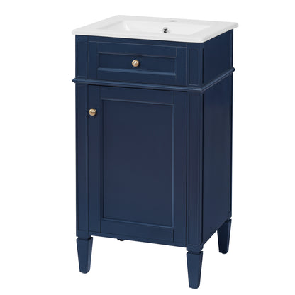 18" Bathroom Vanity with Sink, French Style Small Bathroom Vanity, Freestanding Wood Vanity Cabinet with Ceramic Sink Basin, Soft Close Door & U-Shaped Shelf,Blue