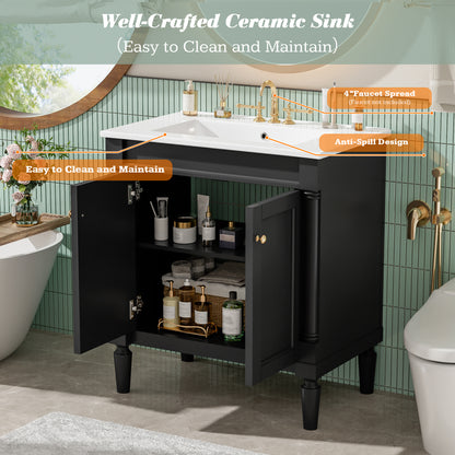 30" Bathroom Vanity with Sink, French Style Small Bathroom Vanity with Semi-Circular Column Design, Ceramic Sink with Overflow, Soft Close Door,Black