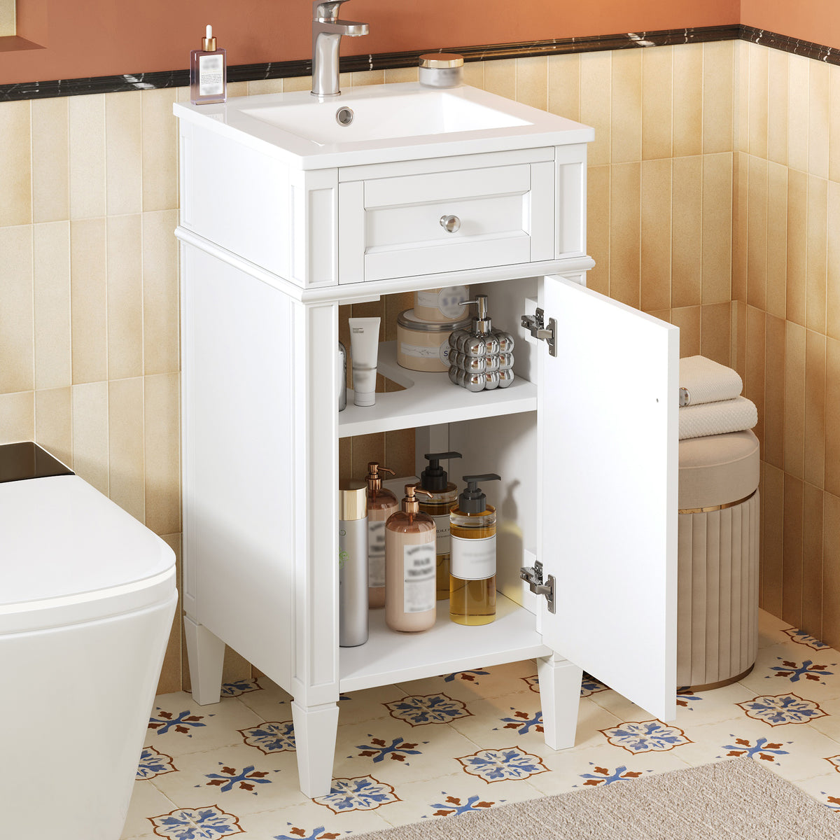 16" Bathroom Vanity with Sink, French Style Small Bathroom Vanity, Freestanding Wood Vanity Cabinet with Ceramic Sink Basin, Soft Close Door & U-Shaped Shelf,White