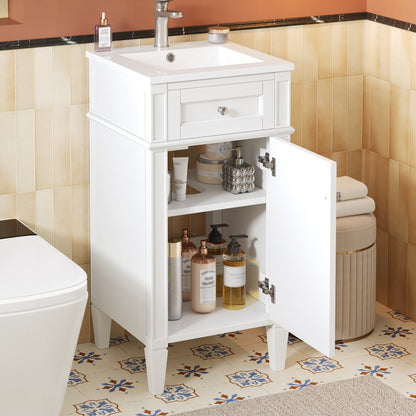 16" Bathroom Vanity with Sink, French Style Small Bathroom Vanity, Freestanding Wood Vanity Cabinet with Ceramic Sink Basin, Soft Close Door & U-Shaped Shelf,White