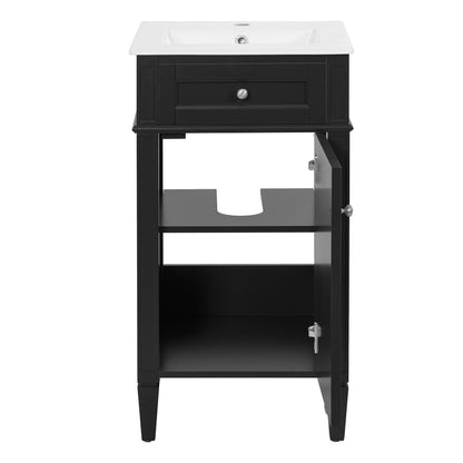 18" Bathroom Vanity with Sink, French Style Small Bathroom Vanity, Freestanding Wood Vanity Cabinet with Ceramic Sink Basin, Soft Close Door & U-Shaped Shelf,Black