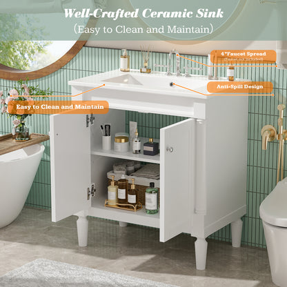 30" Bathroom Vanity with Sink, French Style Small Bathroom Vanity with Semi-Circular Column Design, Ceramic Sink with Overflow, Soft Close Door,White