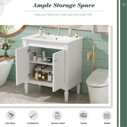 30" Bathroom Vanity with Sink, French Style Small Bathroom Vanity with Semi-Circular Column Design, Ceramic Sink with Overflow, Soft Close Door,White