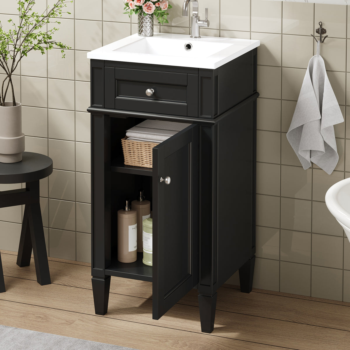 16" Bathroom Vanity with Sink, French Style Small Bathroom Vanity, Freestanding Wood Vanity Cabinet with Ceramic Sink Basin, Soft Close Door & U-Shaped Shelf,Black