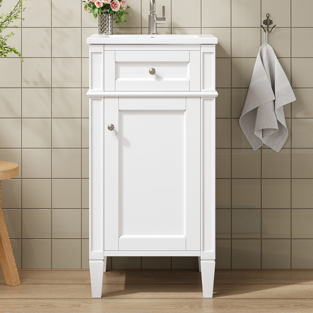 16" Bathroom Vanity with Sink, French Style Small Bathroom Vanity, Freestanding Wood Vanity Cabinet with Ceramic Sink Basin, Soft Close Door & U-Shaped Shelf,White