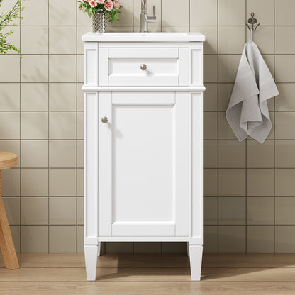 16" Bathroom Vanity with Sink, French Style Small Bathroom Vanity, Freestanding Wood Vanity Cabinet with Ceramic Sink Basin, Soft Close Door & U-Shaped Shelf,White