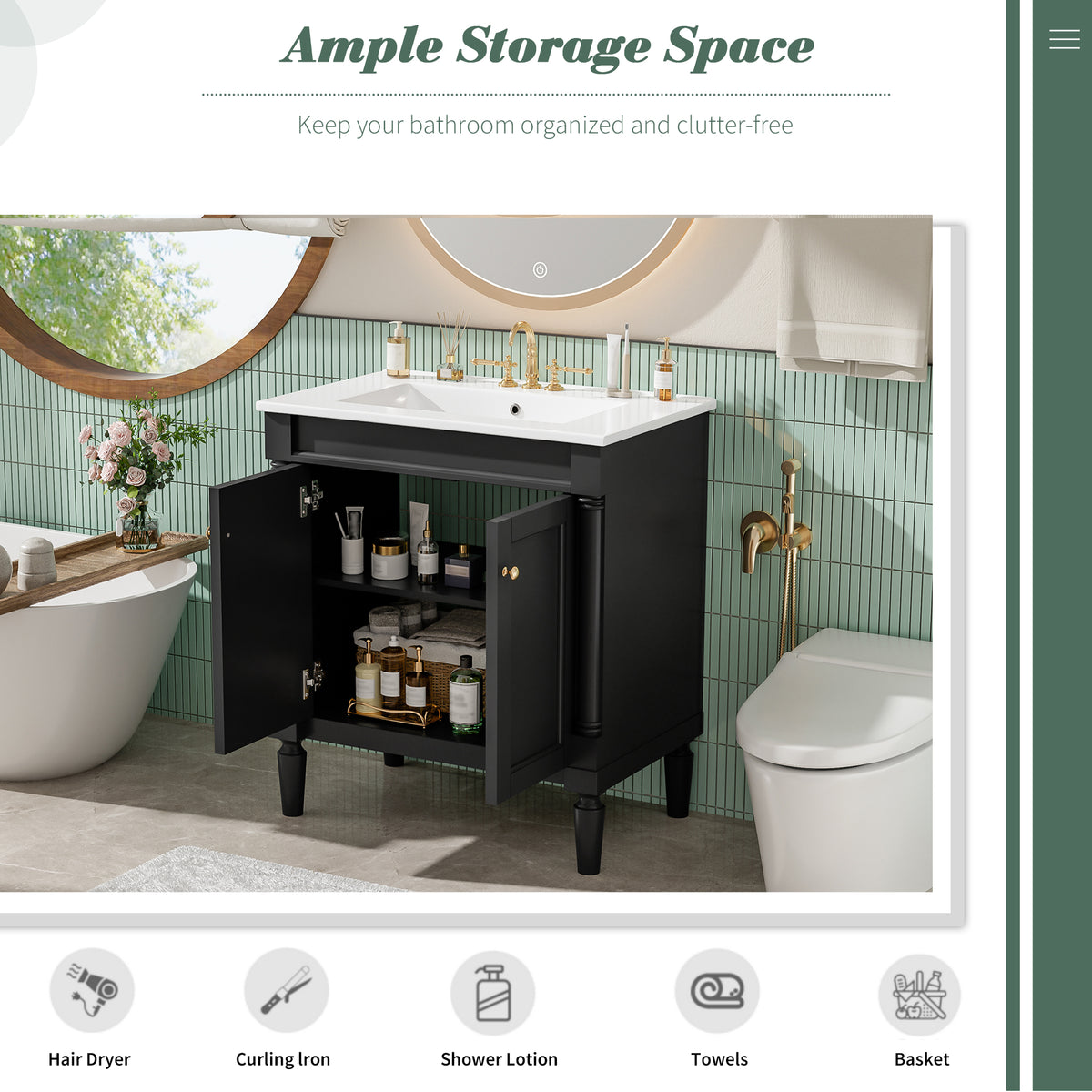 30" Bathroom Vanity with Sink, French Style Small Bathroom Vanity with Semi-Circular Column Design, Ceramic Sink with Overflow, Soft Close Door,Black