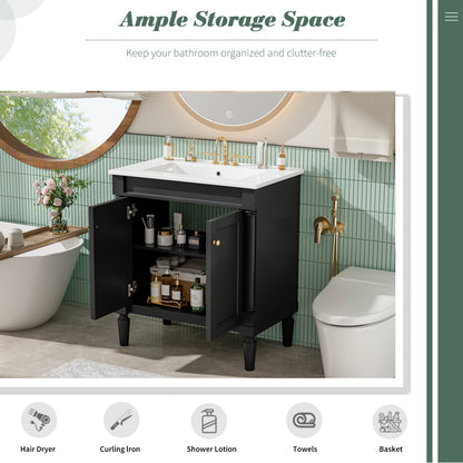 30" Bathroom Vanity with Sink, French Style Small Bathroom Vanity with Semi-Circular Column Design, Ceramic Sink with Overflow, Soft Close Door,Black
