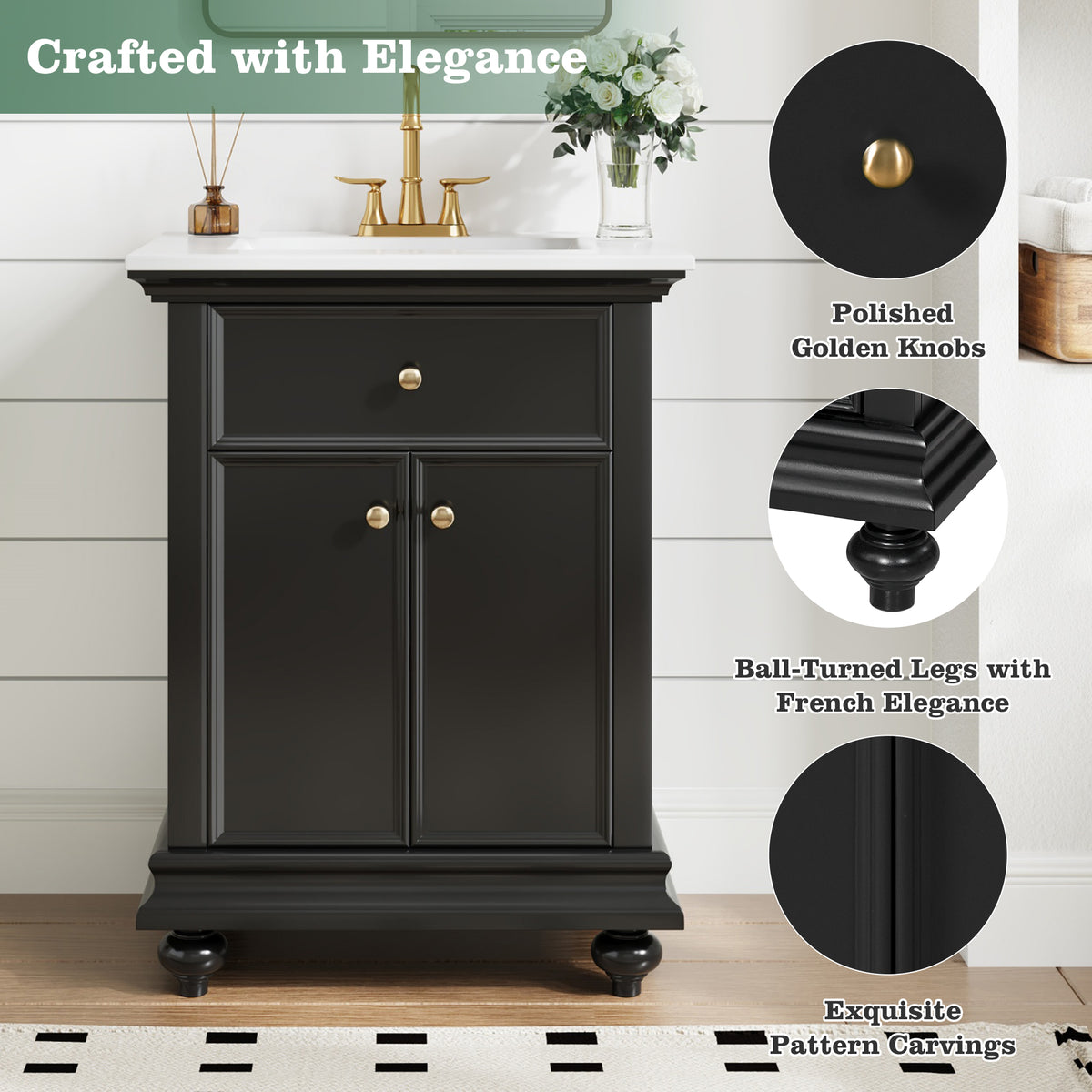 24" Bathroom Vanity with Sink, Farmhouse Bathroom Vanity with Ball-Turned Legs & Tip-Out Drawer, Adjustable Shelf, Soft Close Door, French Country Style,Black