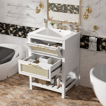 24" Bathroom Vanity with Sink, Modern Bathroom Vanity with Tip-Out Drawer & Ceramic Sink for 4" Centerset Faucet, Solid Wood Feet, Soft Close,White
