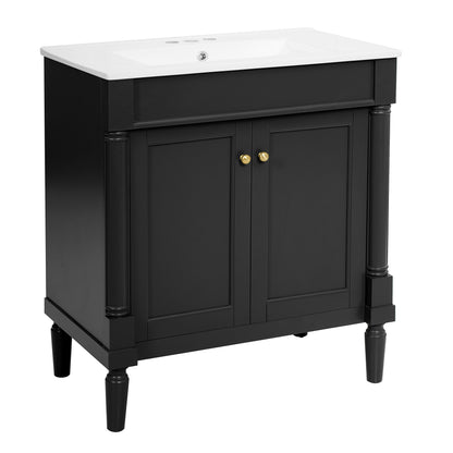 30" Bathroom Vanity with Sink, French Style Small Bathroom Vanity with Semi-Circular Column Design, Ceramic Sink with Overflow, Soft Close Door,Black