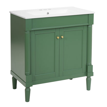30" Bathroom Vanity with Sink, French Style Small Bathroom Vanity with Semi-Circular Column Design, Ceramic Sink with Overflow, Soft Close Door,Green