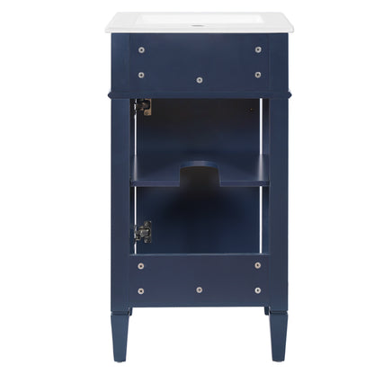 18" Bathroom Vanity with Sink, French Style Small Bathroom Vanity, Freestanding Wood Vanity Cabinet with Ceramic Sink Basin, Soft Close Door & U-Shaped Shelf,Blue