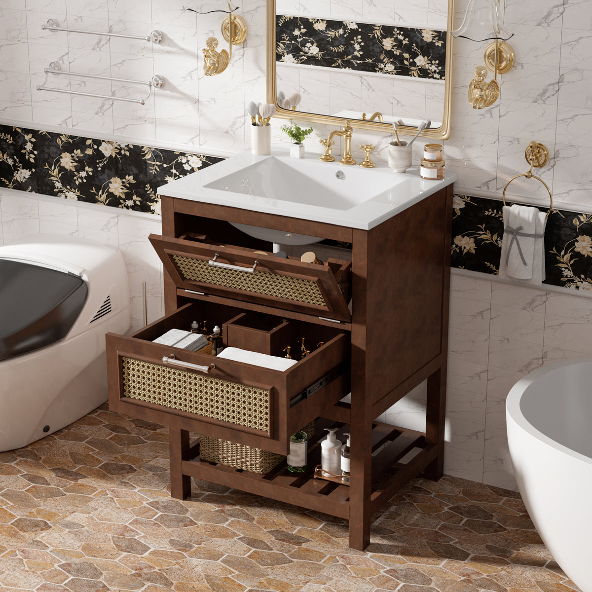 24" Bathroom Vanity with Sink, Modern Bathroom Vanity with Tip-Out Drawer & Ceramic Sink for 4" Centerset Faucet, Solid Wood Feet, Soft Close,Dark Brown