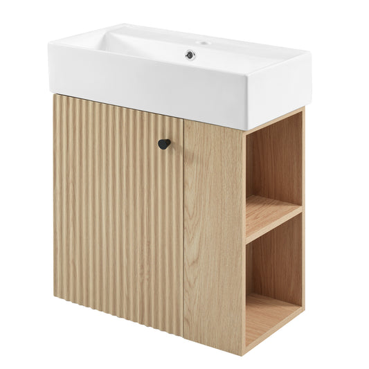 21.6" Floating Bathroom Vanity with Sink, Slim Wall Mounted Bathroom Vanity with Ceramic Basin & Overflow, Wave Pattern Door with Rose Gold Handle, Soft Close Door,Wood