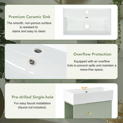 21.6" Floating Bathroom Vanity with Sink, Slim Wall Mounted Bathroom Vanity with Ceramic Basin & Overflow, Wave Pattern Door with Rose Gold Handle, Soft Close Door,Green