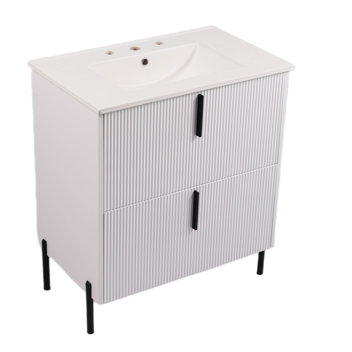 30" Bathroom Vanity with Sink, Black Fluted Bathroom Vanity with Undermount Drawer Slides & White Ceramic Basin, Finger Pull Design, Full Extension Drawers,White