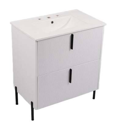 30" Bathroom Vanity with Sink, Black Fluted Bathroom Vanity with Undermount Drawer Slides & White Ceramic Basin, Finger Pull Design, Full Extension Drawers,White