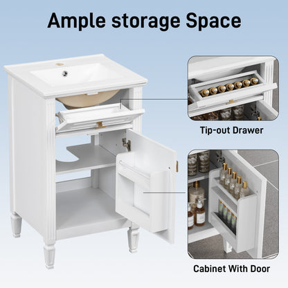 20" Bathroom Vanity with Sink, Small Freestanding Bathroom Vanity Cabinet with Tilt-Out Drawer & Adjustable Shelf, Soft Close Door, Gold Knobs,White