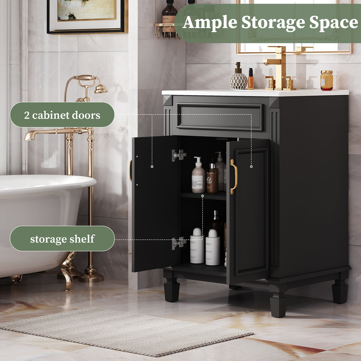 24" Bathroom Vanity with Sink, French Style Bathroom Vanity with Carved Legs & Drawer, Adjustable Shelf, Back Cutout for Plumbing, Soft Close Door,Black