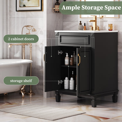 24" Bathroom Vanity with Sink, French Style Bathroom Vanity with Carved Legs & Drawer, Adjustable Shelf, Back Cutout for Plumbing, Soft Close Door,Black