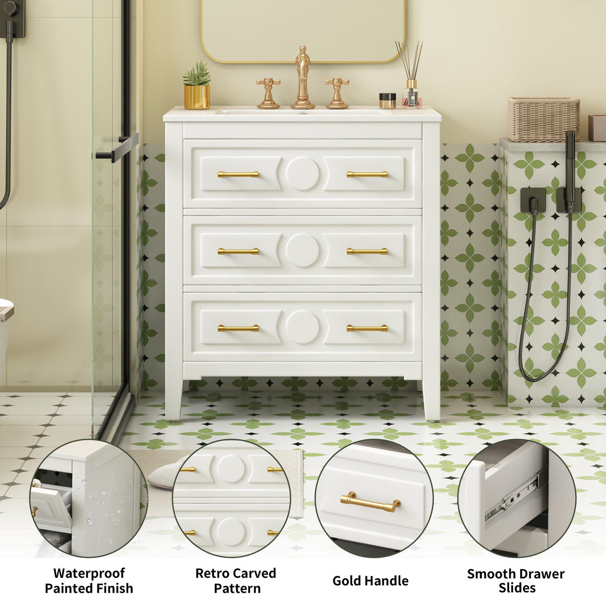 30" Bathroom Vanity with Sink, Black Bathroom Vanity with 3 Drawers & Carved Detail, Ceramic Sink for 4" Centerset Faucet with Overflow, Solid Pine Wood Frame,White